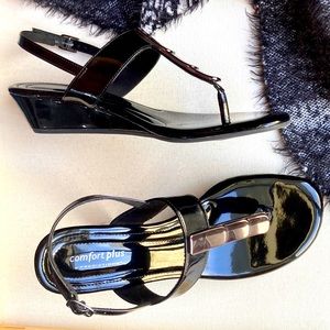 Comfort Plus Low Heel Patent Wedge Sandals